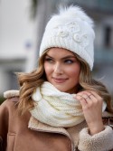 Beaded hat with a neck warmer for winter, cream C50 - Online store - Boutique